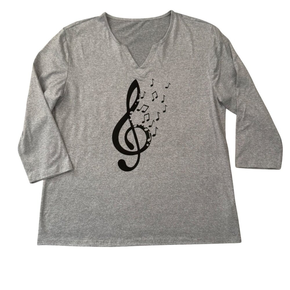 Music Treble Clef Top Size XL Gray Three Quarter Sleeve Stretch Knit